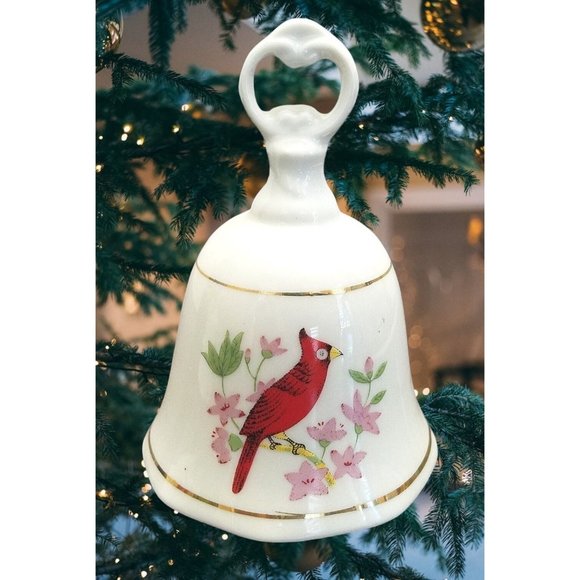 Vtg Red Bird Dinner Bell Cardinal Christmas Porcelain Pink Flowers - Picture 1 of 9